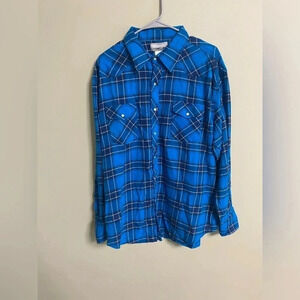 Wrangler Wrancher Size 2X Blue Plaid Flannel Shirt Long Sleeve Cotton Pearl Snap